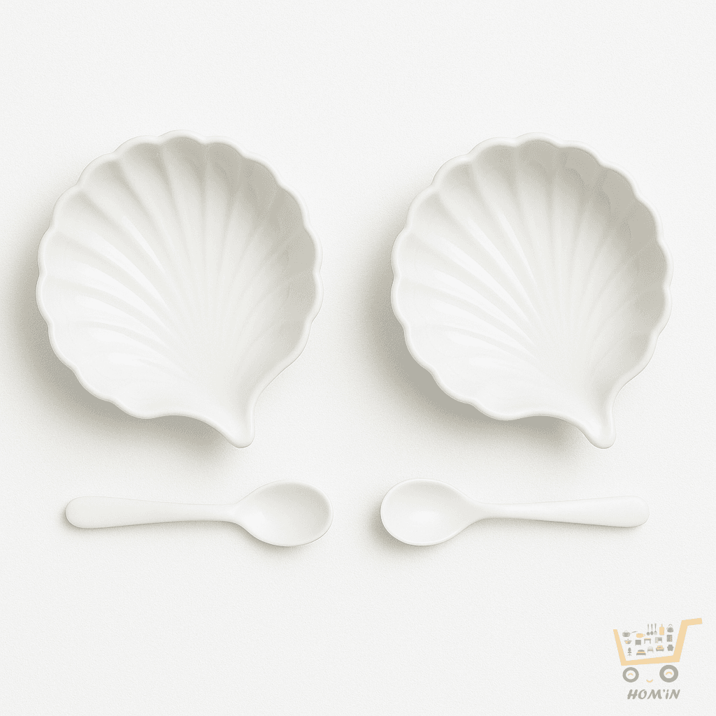 Lot de 2 coupelles à sauce en forme de coquillage et cuillères