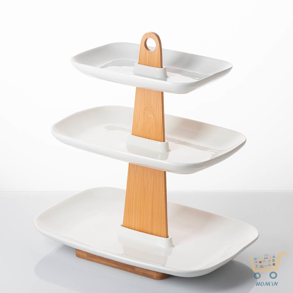 Présentoir à 3 étages en céramique et bambou – Blanc