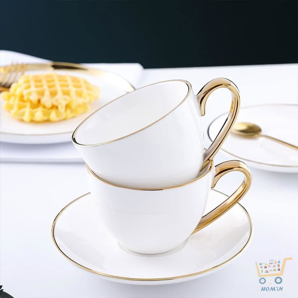 Service à Café/Thé 6 Pièces (Tasses et sous-tasses) en Porcelaine Blanche avec Liseré et Anse Or